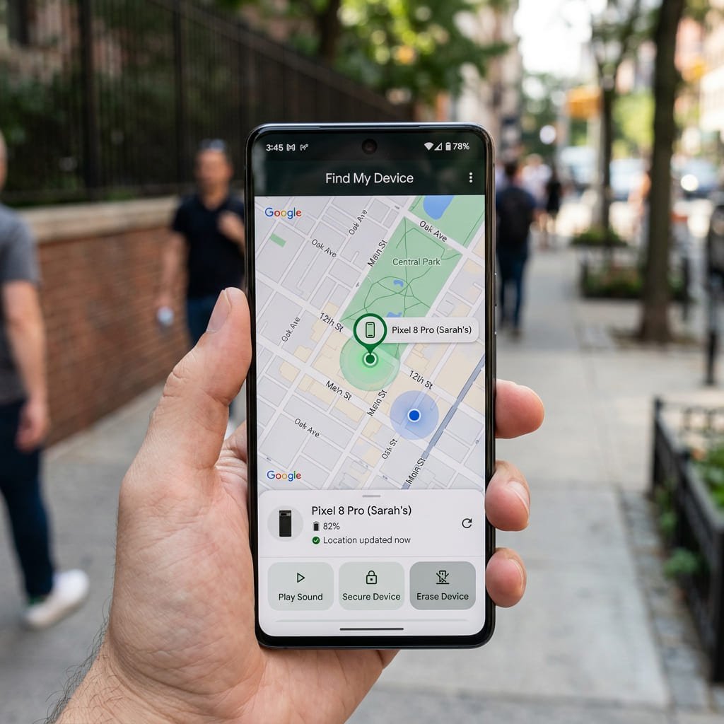 Google Find My app showing parent's real-time location on a map