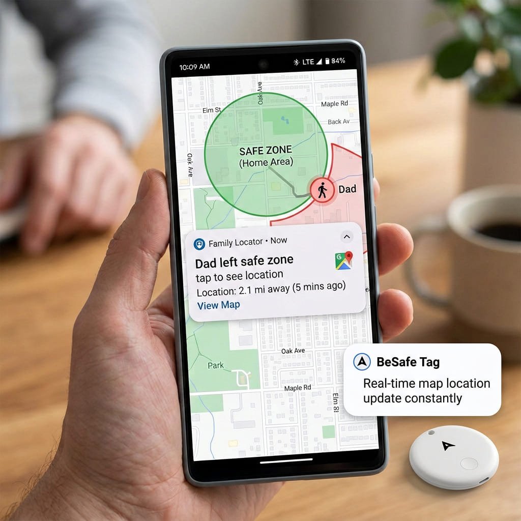 Phone showing alert: Dad left safe zone — tap to see location