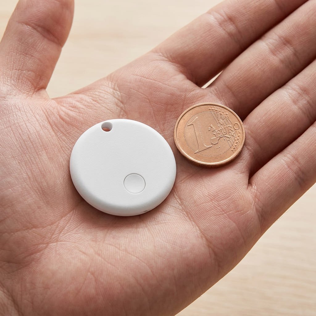 BeSafeTag GPS tracker held in palm next to a coin for scale