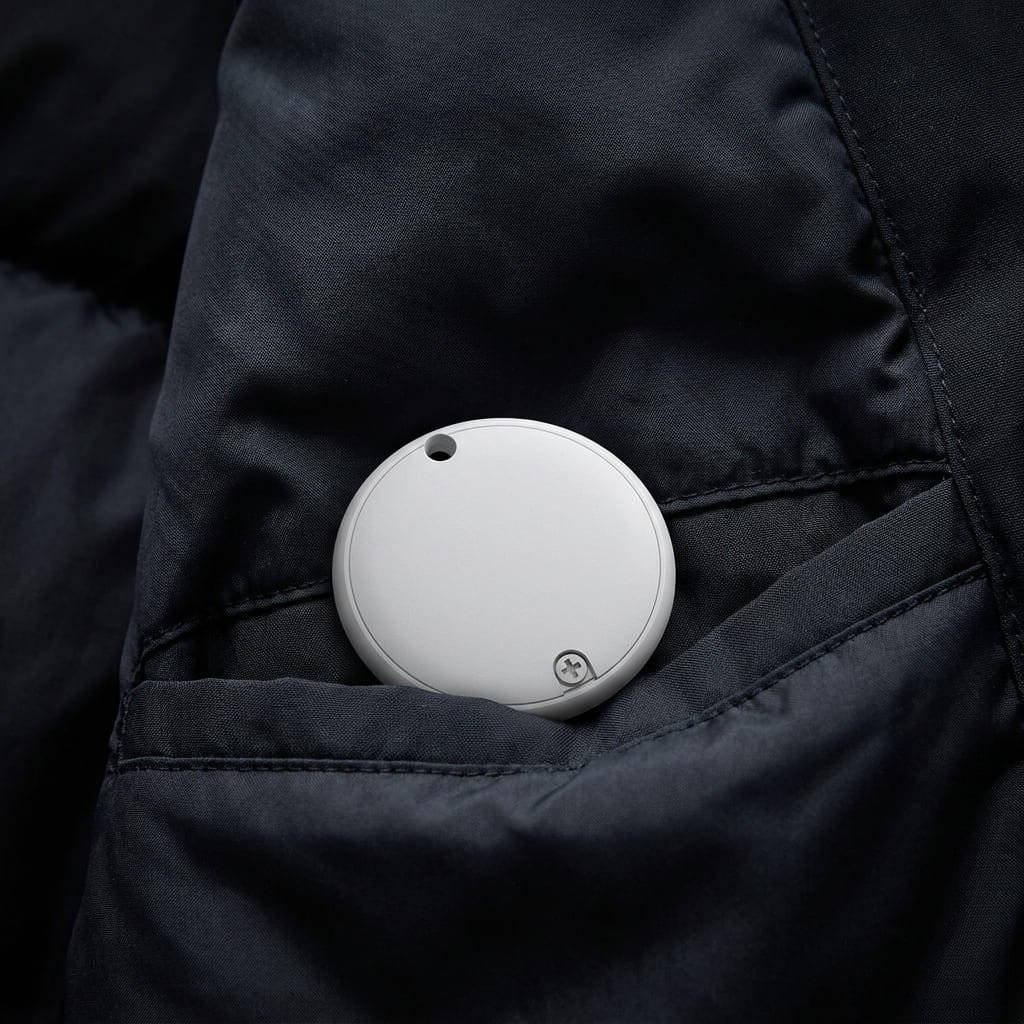 BeSafeTag GPS tracker tucked inside a winter jacket pocket